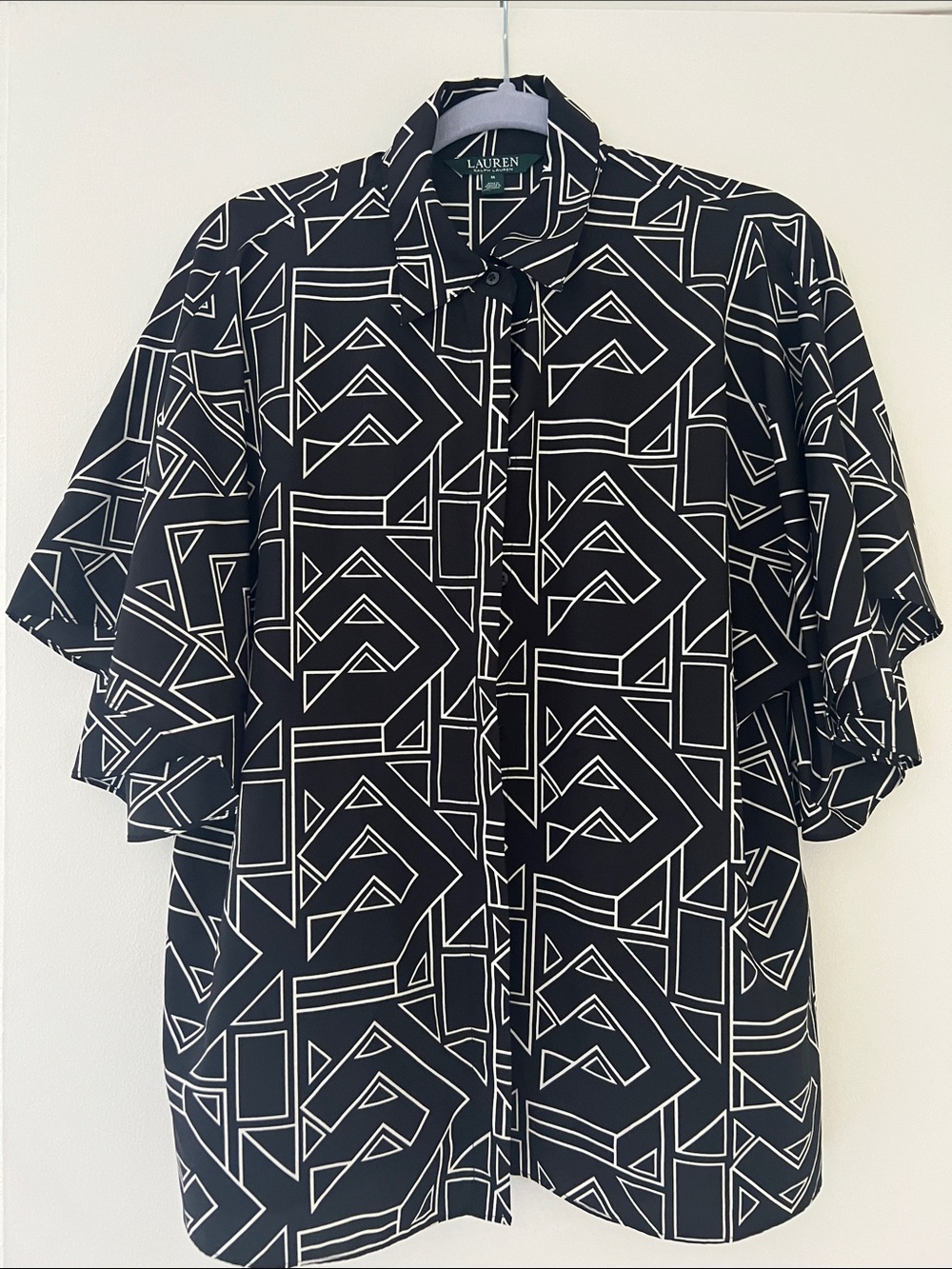 Lauren Ralph Lauren Geo Print Kimono Style Blouse Black White
